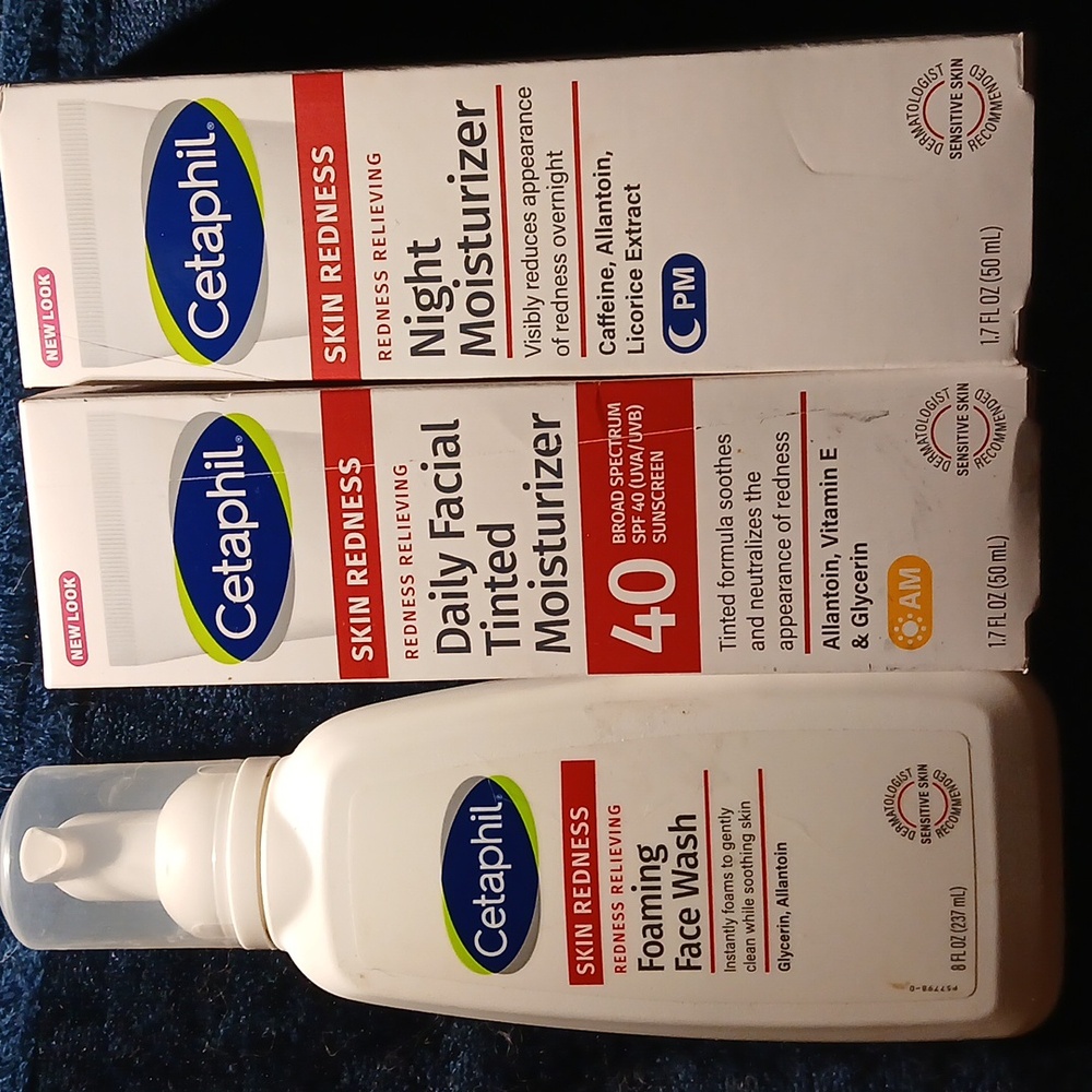 (3) CETAPHIL REDNESS PRONE FACE WASH, DAY Tinted SPF 40 & NIGHT MOISTURIZER